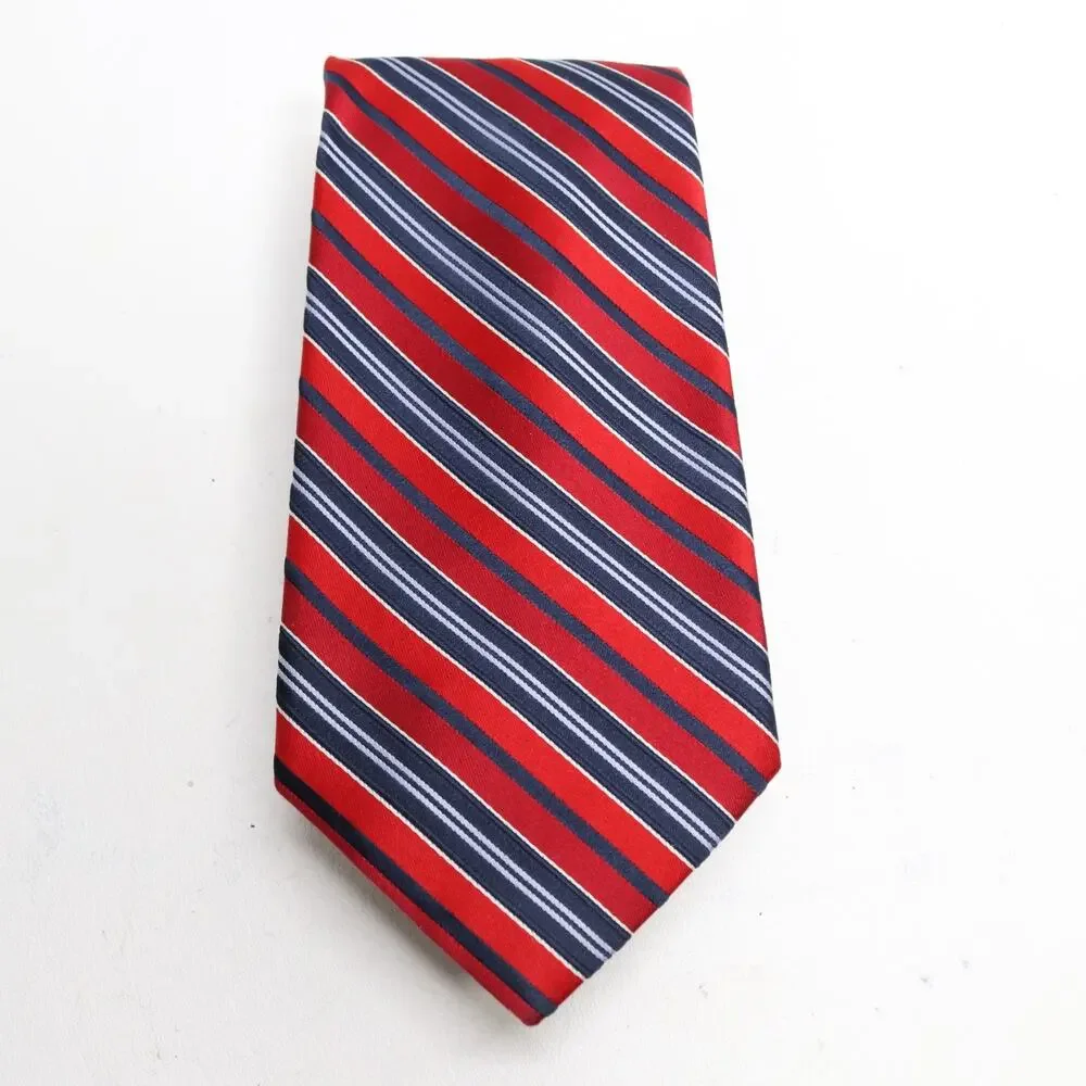Classic Power Tie Mens 58 in Silk Red White Blue Diagonal Pin Stripe Wide
